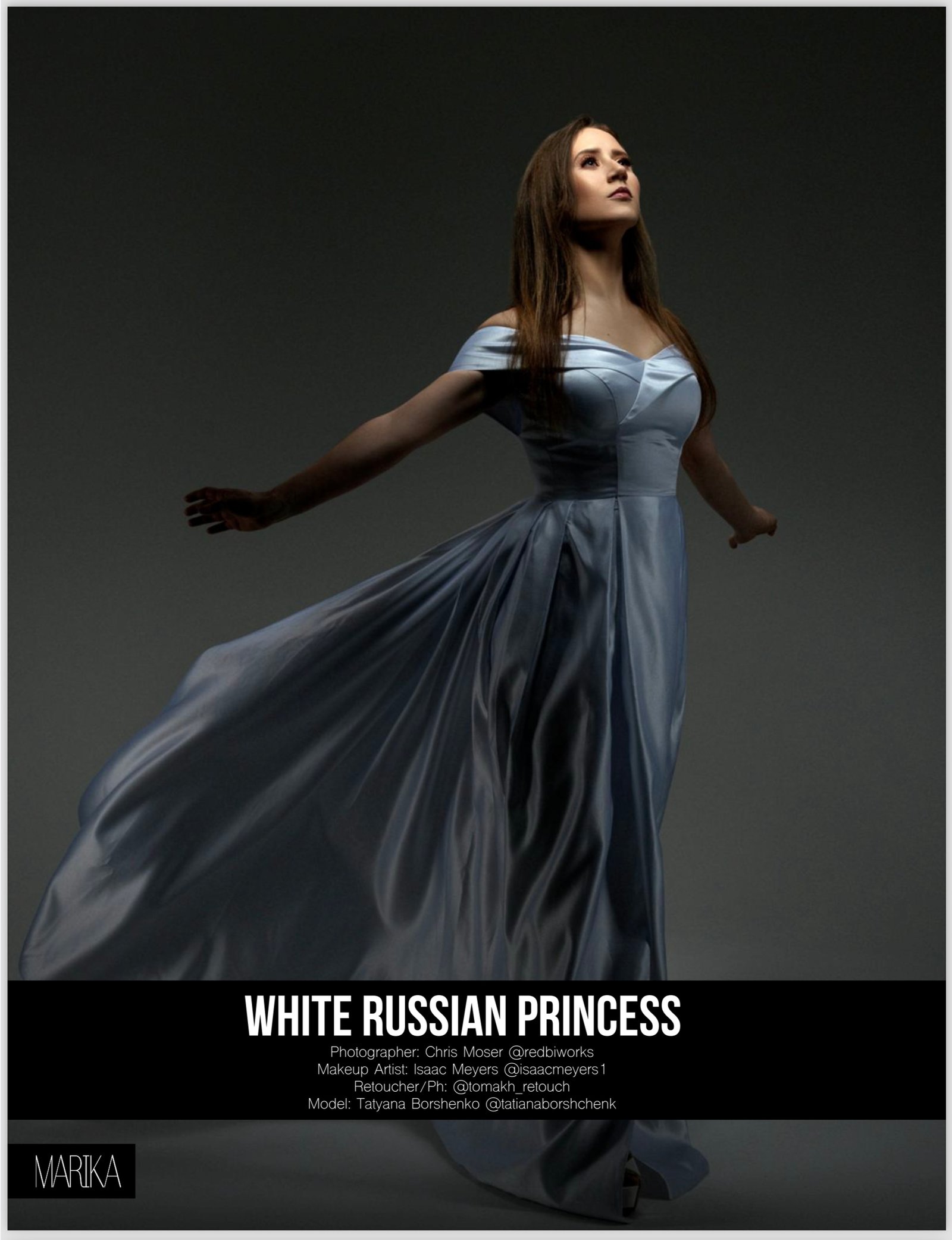 Model Tatyana Borshenko wearing a flowing blue gown with nude bronze makeup and mauve-plum lips, hair styled in long voluminous waves, photographed by Chris Moser