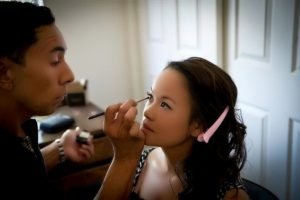 Private makeup lesson in Seattle with professional makeup artist teaching foundation techniques